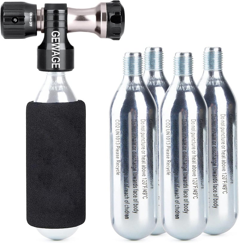GEWAGE CO2 Inflator with 4 X 16g Cartridges - CO2 Bike Pump Presta & Schrader Valve Compatible - CO2 Bike Tire inflator for Mountain and Road Bike - Image 1